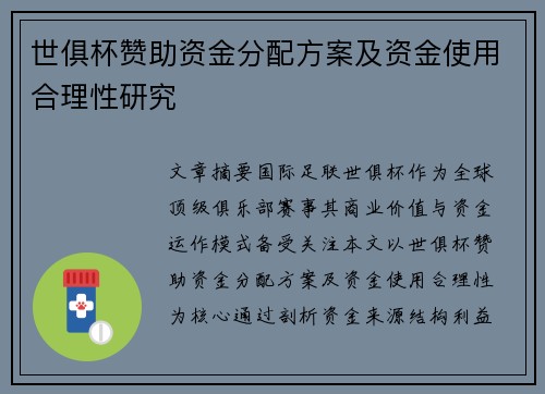 世俱杯赞助资金分配方案及资金使用合理性研究